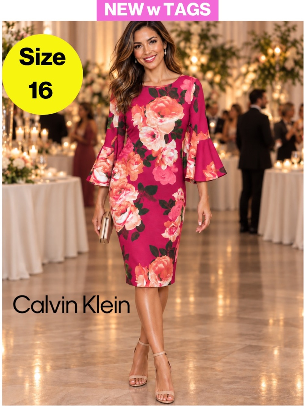 NEW w/TAGS🏷️ CALVIN KLEIN Fuchsia Floral Midi Dress, Bell Sleeves (Women’s 16)